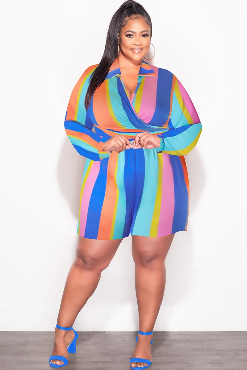 Final Sale Plus Size 2pc Set with Collar Crop Tie Top and Shorts Set in Multi Color Stripe Print Comfy Vibes