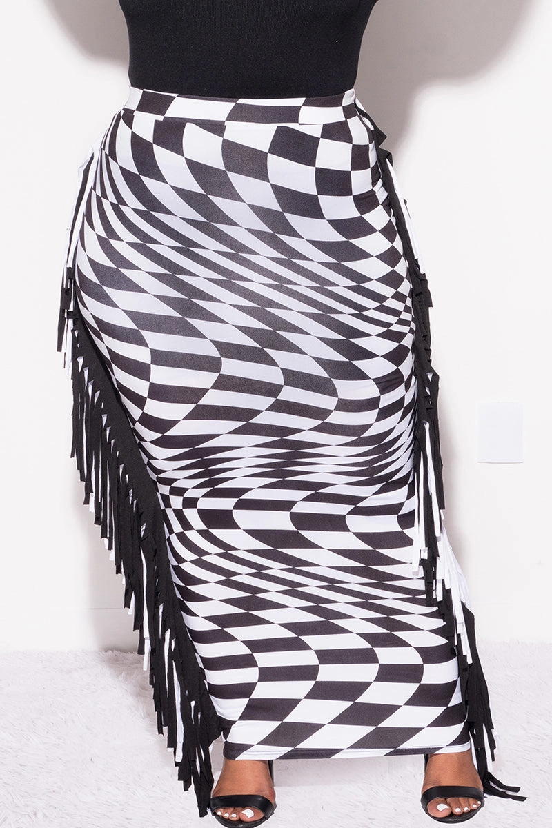 Fade Resistant Dye Versatile Fit Final Sale Plus Size High Waist Fringe Trim Pencil Skirt in Checkered Print