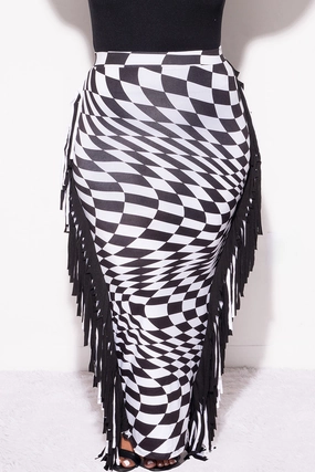 Final Sale Plus Size High Waist Fringe Trim Pencil Skirt in Checkered Print SlimFit Anti Snag Fabric