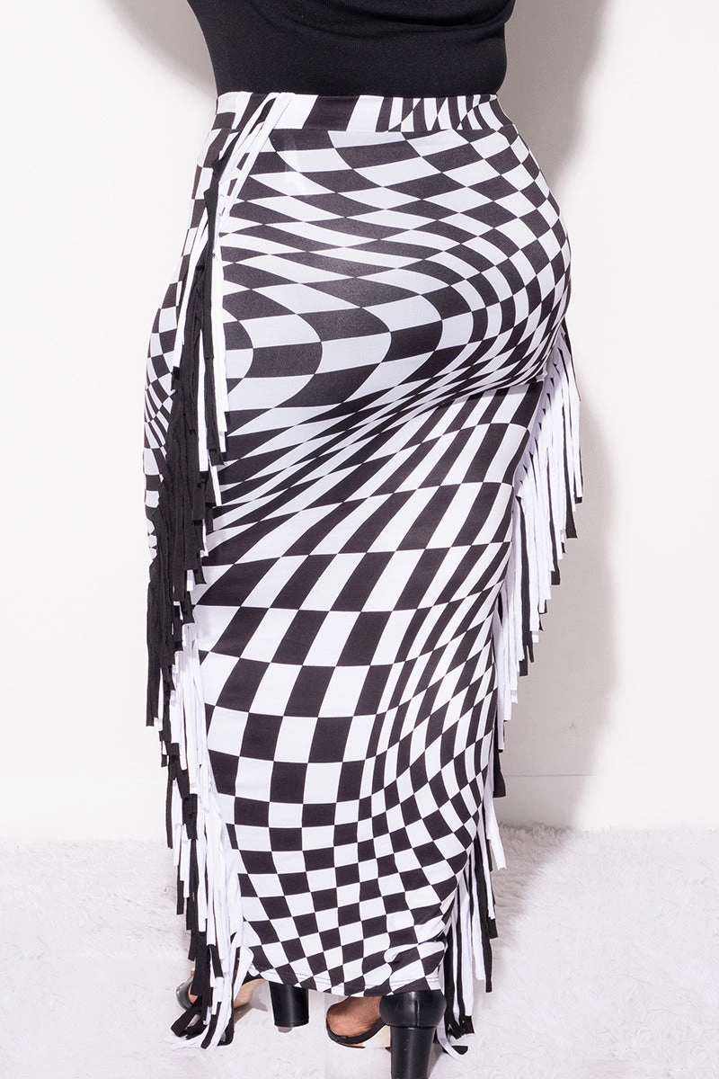 Chill Comfort Side Pockets Final Sale Plus Size High Waist Fringe Trim Pencil Skirt in Checkered Print