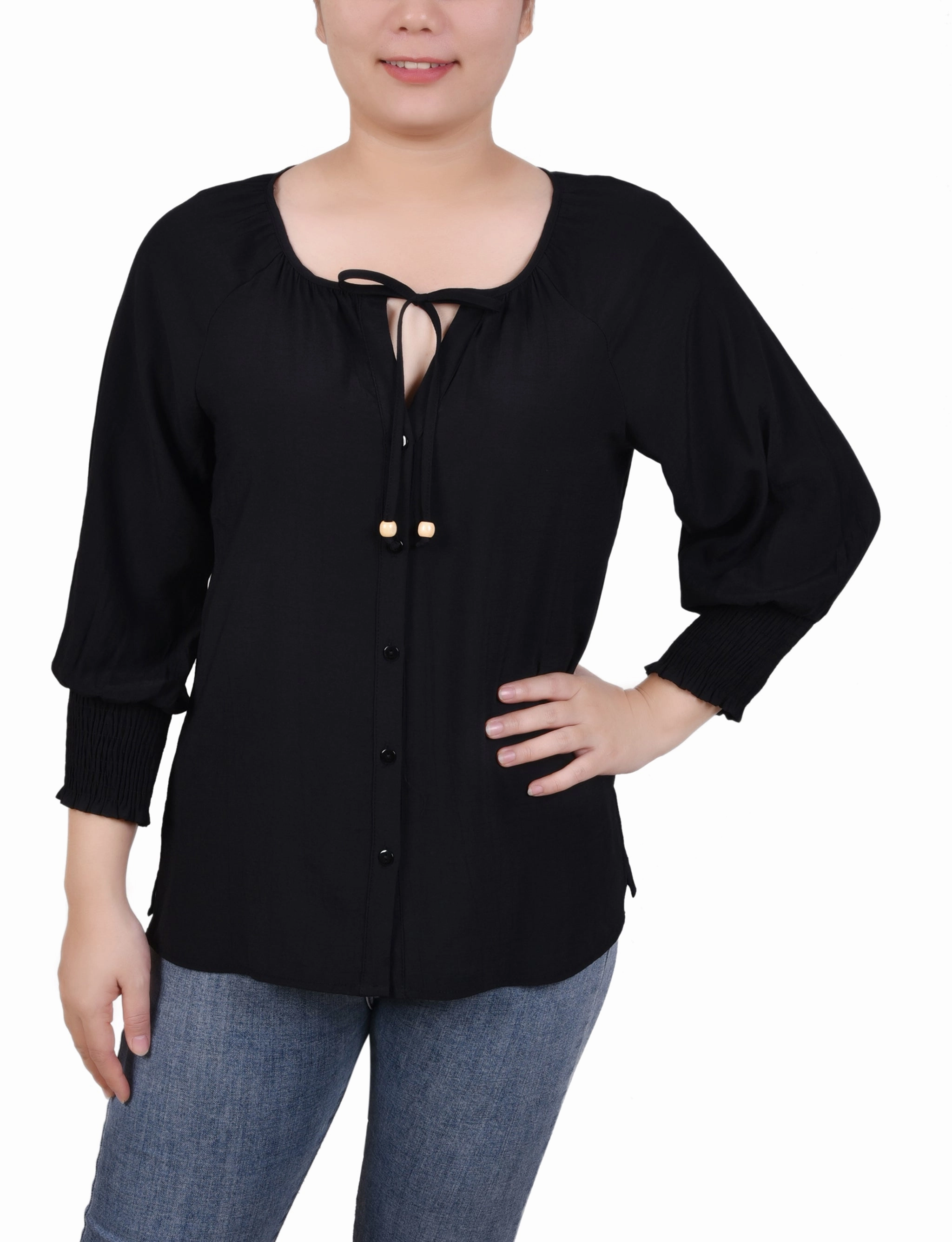 EthicallySourced WrinkleResistantFinish Petite 3/4 Sleeve Button Front Blouse