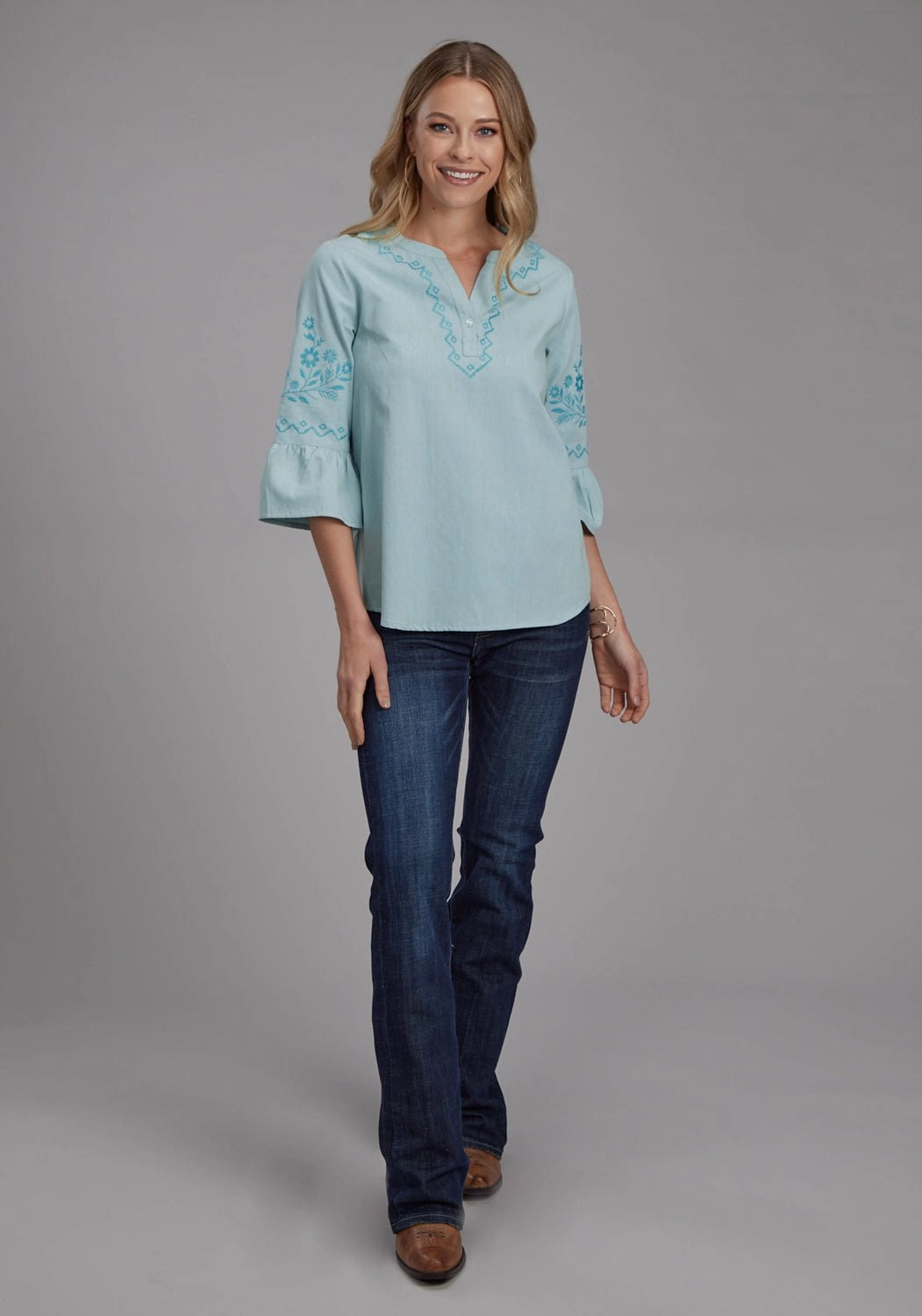 Roper Womens Floral Bell Sleeve Blue 100% Cotton S/S Blouse Casual Essential Polka Dot