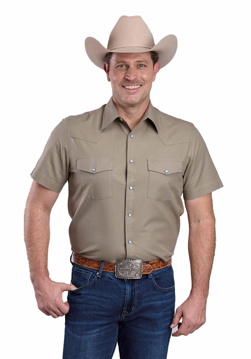 Stetson Mens 2768 Soft Oxford Dusty Olive 100% Cotton S/S Shirt Breathable Underarm Vents