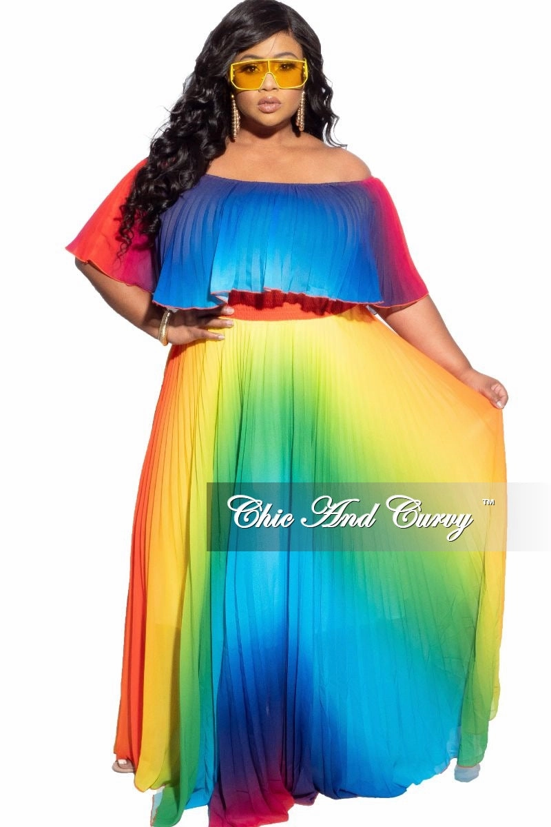 Chill Fit Final Sale Plus Size Strapless Chiffon Pleated Long Dress in a Rainbow Print