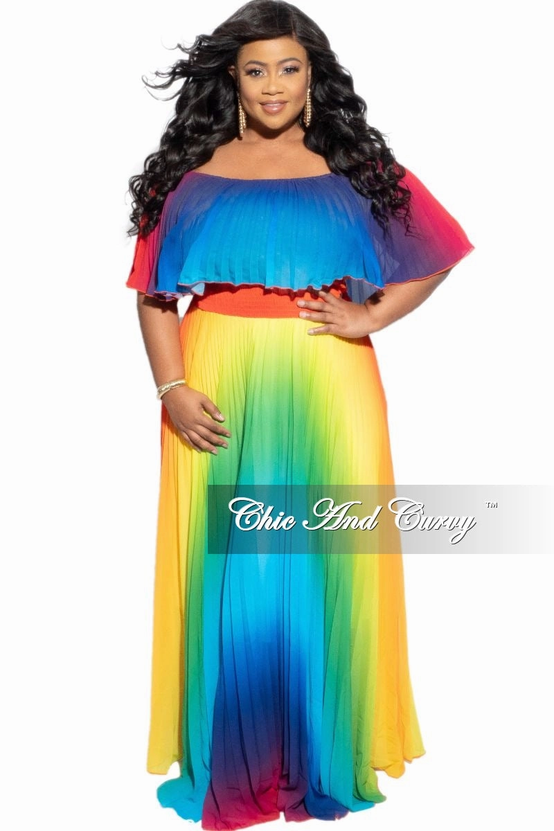 Smart Casual Simple Cut Final Sale Plus Size Strapless Chiffon Pleated Long Dress in a Rainbow Print