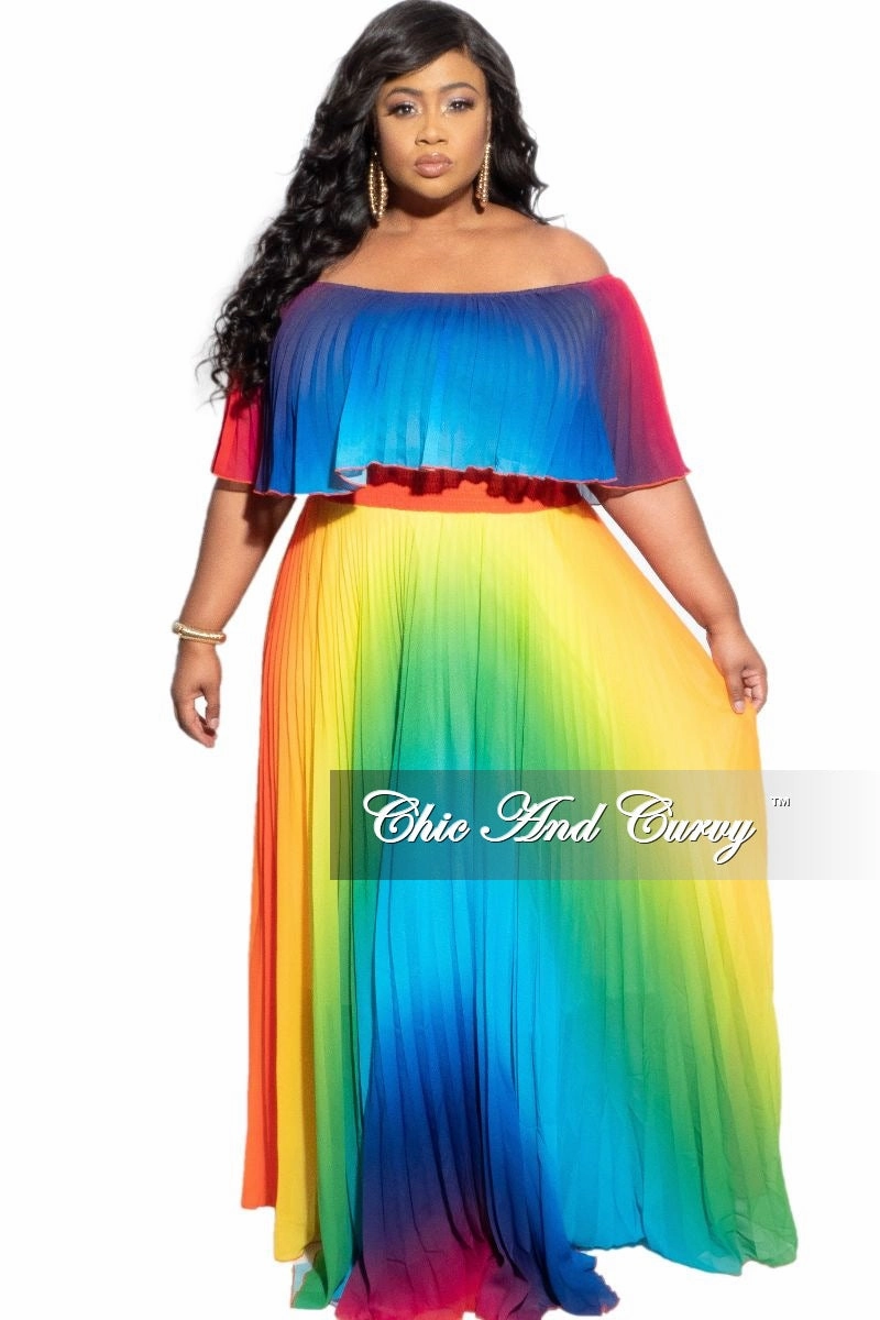 Travel-Ready Timeless Utility Final Sale Plus Size Strapless Chiffon Pleated Long Dress in a Rainbow Print