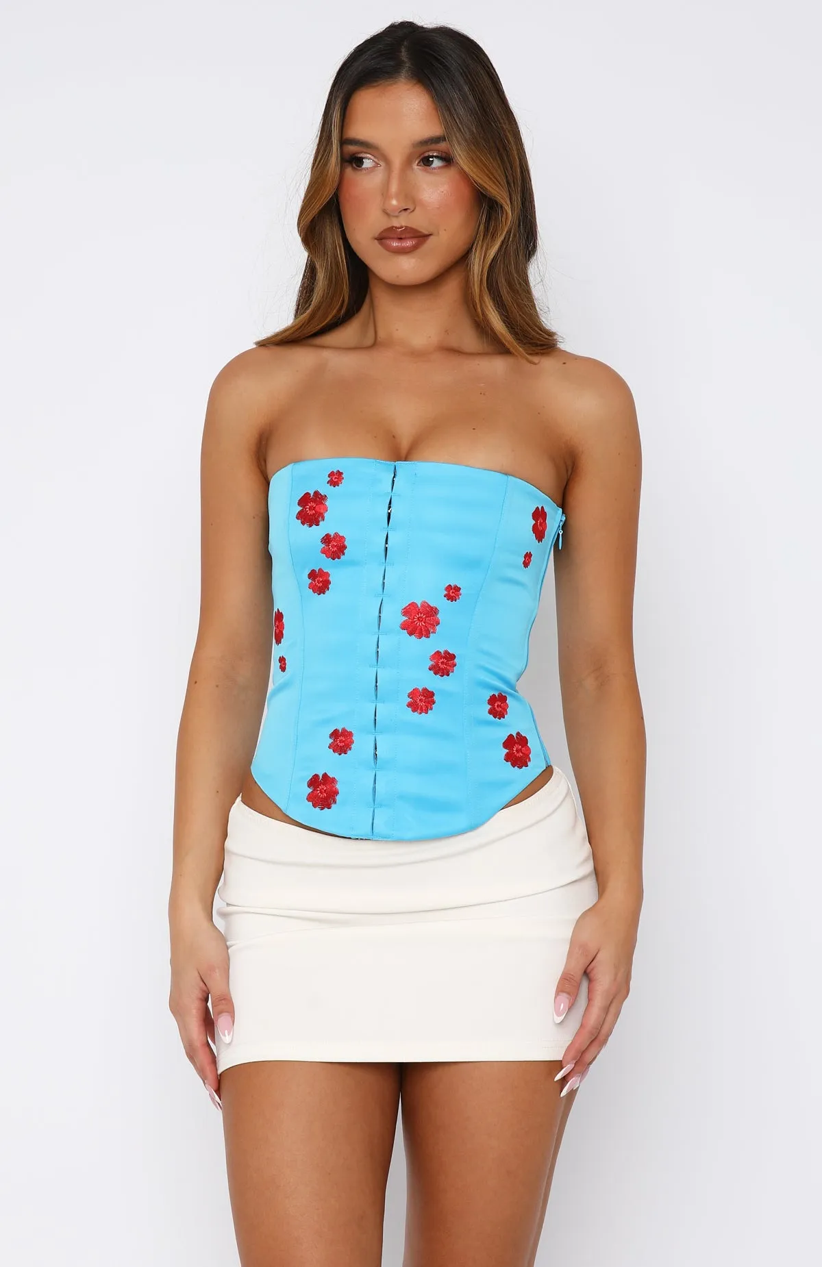 Beyond Me Strapless Embroidered Bustier Blue Fitted Shirt