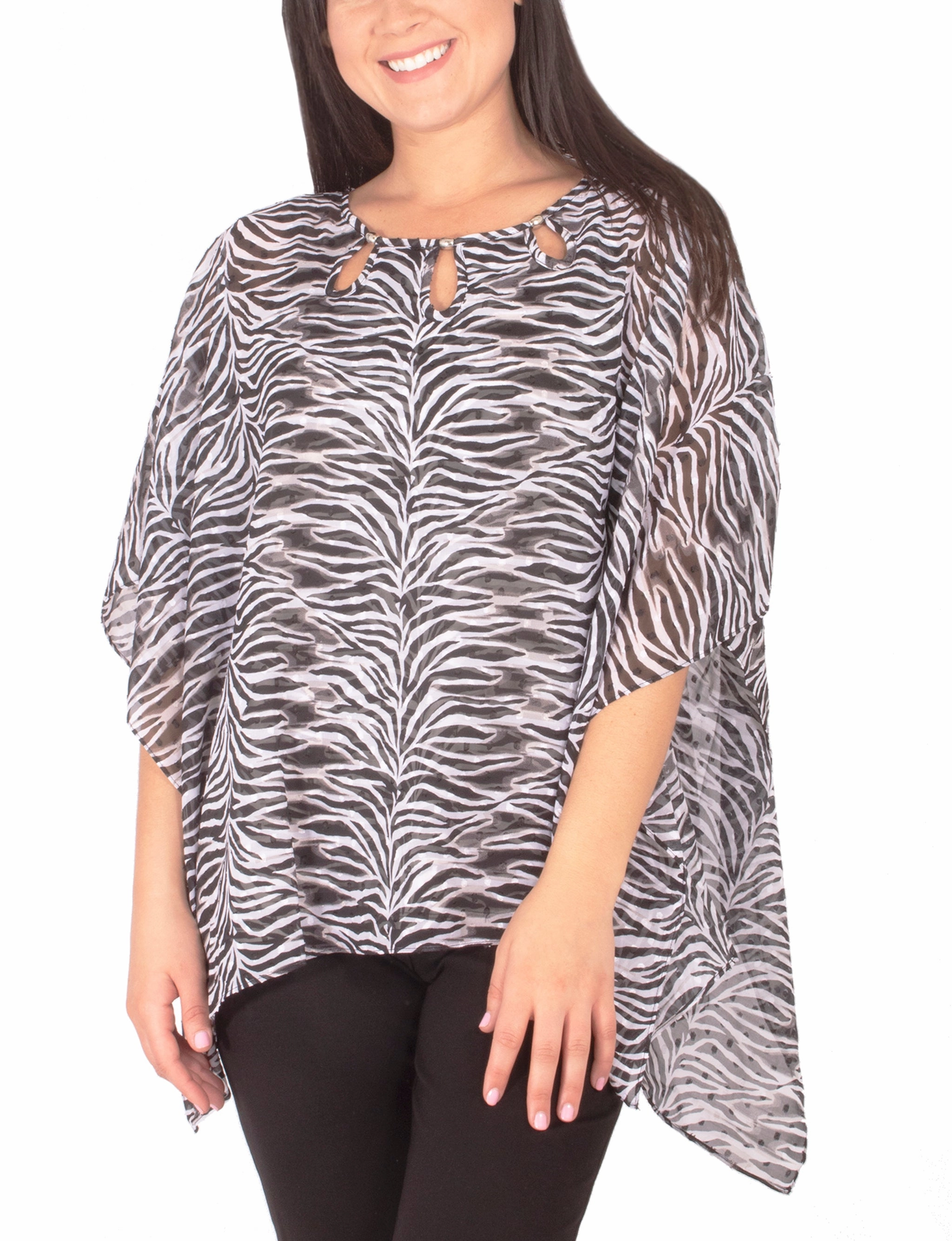 Stretch Knit Fabric Sustainable Production Certified Chiffon Poncho And Tank With Beaded Neckline