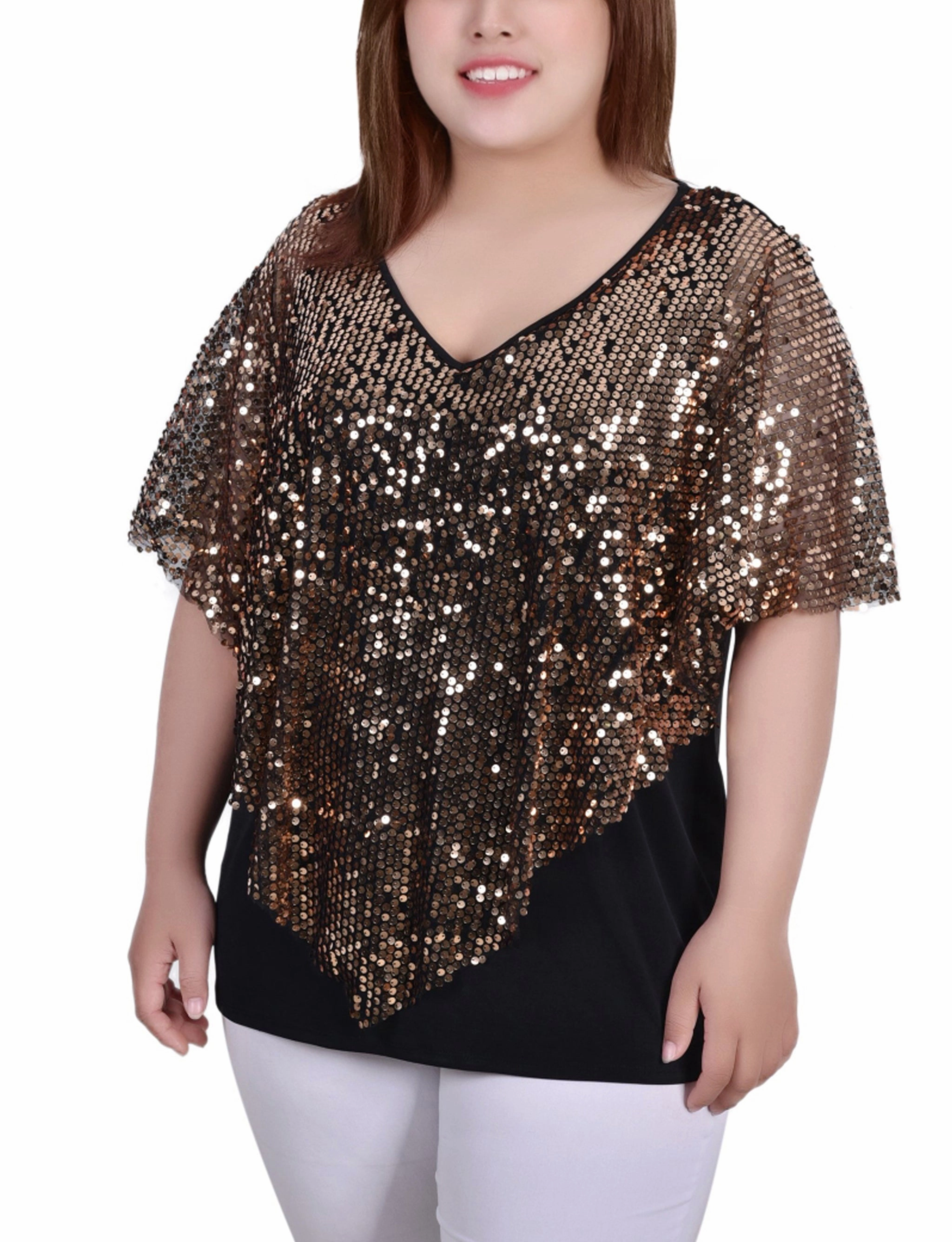 Airy Mesh Lining HighDensityFoam Plus Size Sequin-Front Poncho