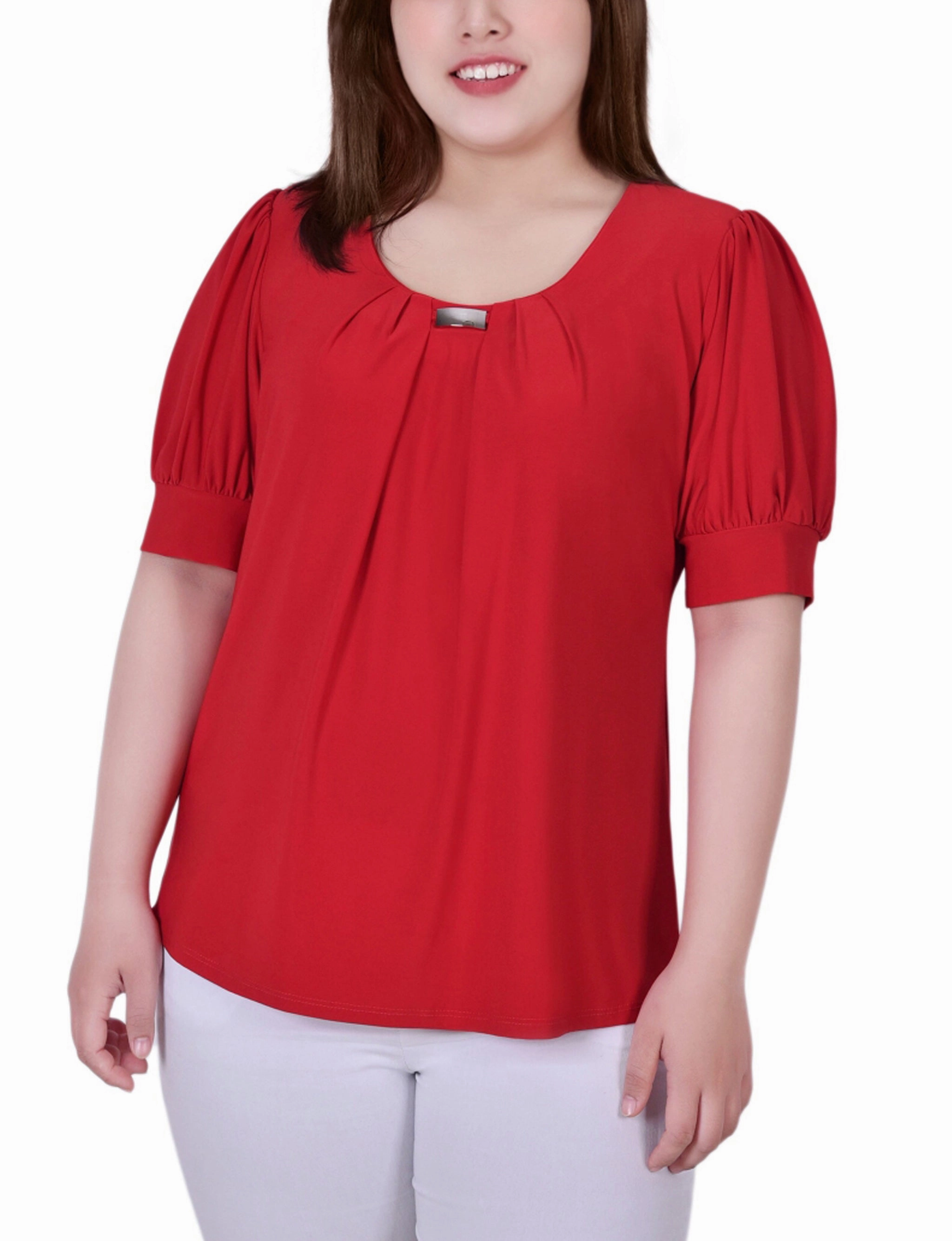 Plus Size Short Sleeve Balloon Sleeve Top With Hardware Airflow Mesh Panel Low Profile Seaming