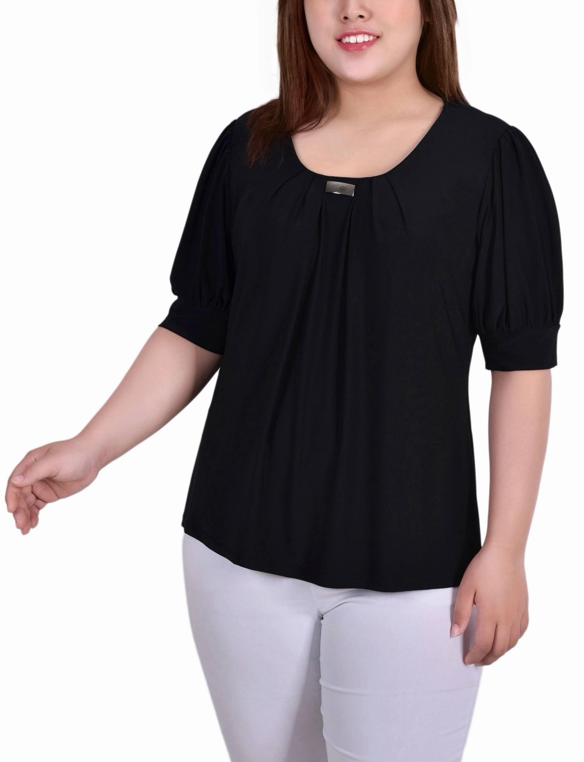 Plus Size Short Sleeve Balloon Sleeve Top With Hardware ZipperedPockets DurableWeave