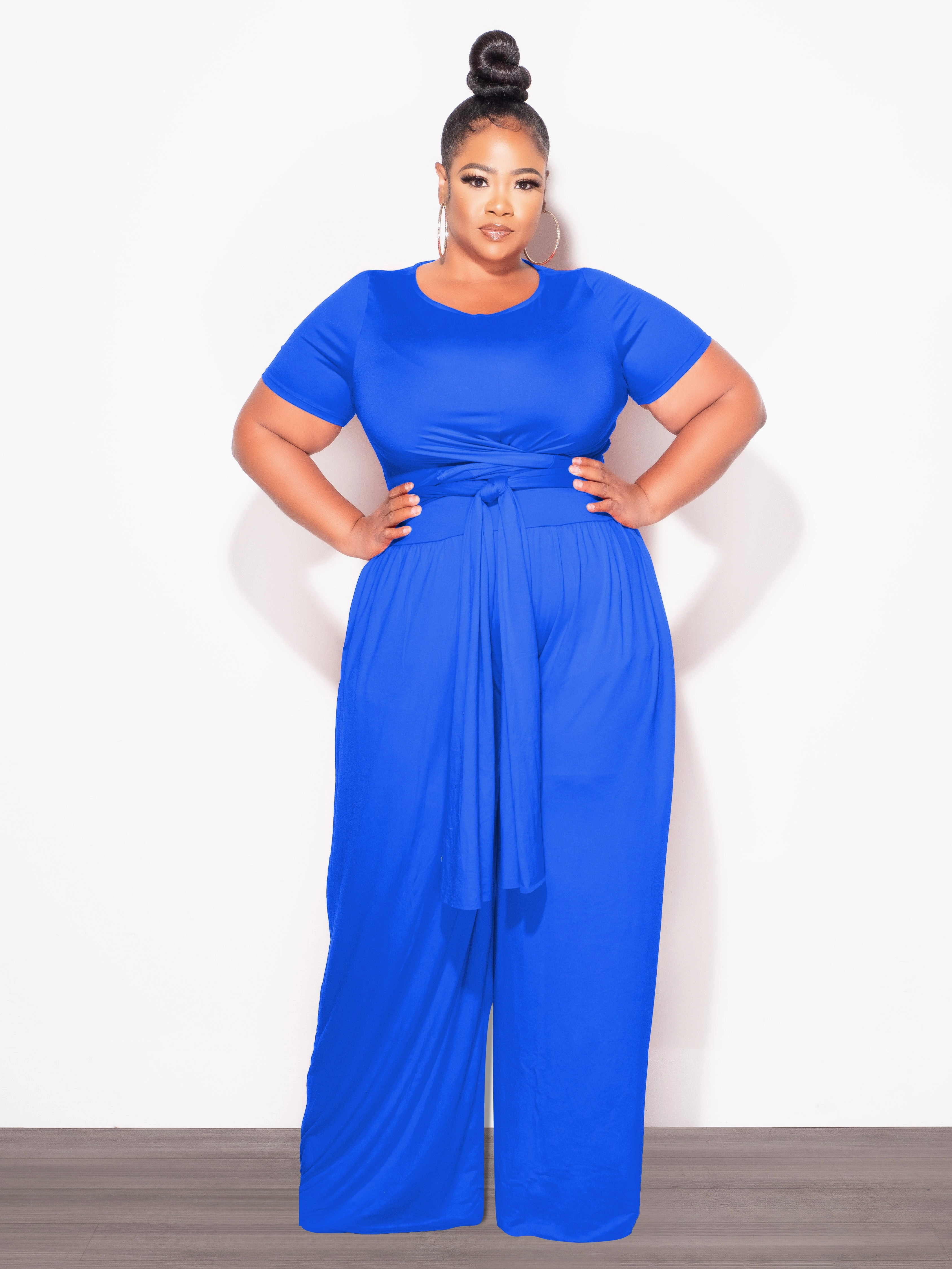 Final Sale Plus Size 2pc Short Sleeve Tie Top and Pants Set in Royal Blue All Season Wear