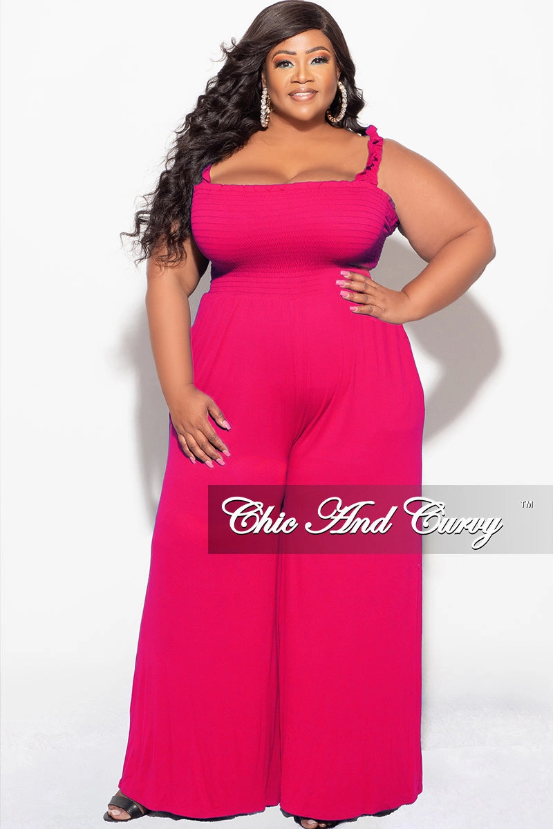 No Ride Up Final Sale Plus Size Jumpsuit with Smocking & Elastic Straps in Fuchsia