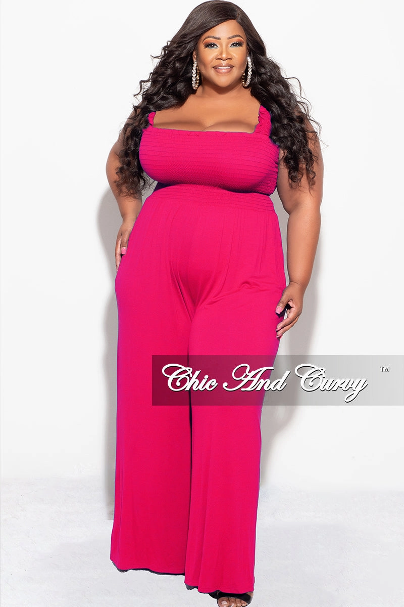 Side Pockets Final Sale Plus Size Jumpsuit with Smocking & Elastic Straps in Fuchsia