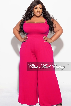 Final Sale Plus Size Jumpsuit with Smocking & Elastic Straps in Fuchsia No Sagging