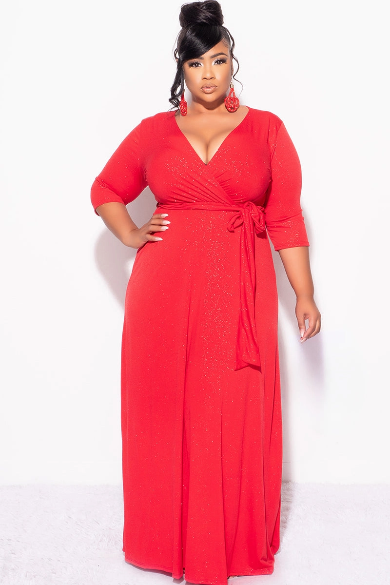 Final Sale Plus Size Faux Wrap Glitter Dress in Red Minimal Stretch Fit