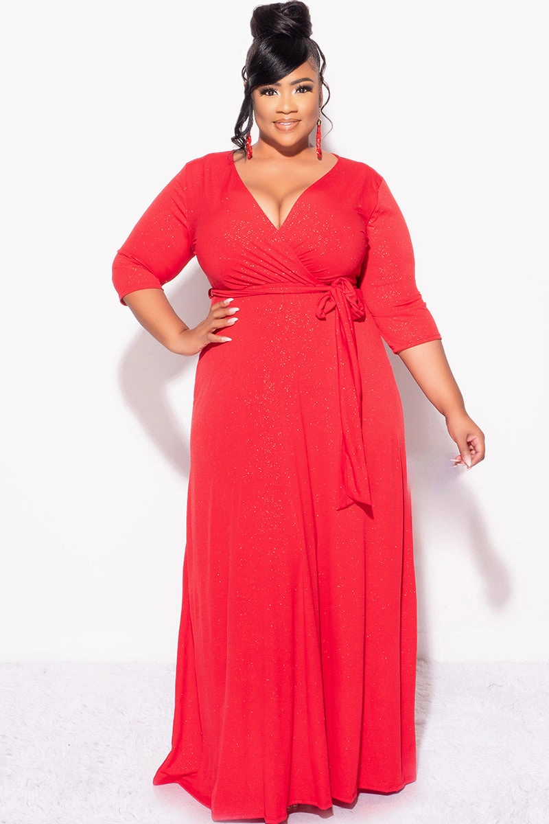 Secure Waistband Final Sale Plus Size Faux Wrap Glitter Dress in Red