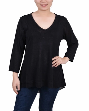 Petite 3/4 Sleeve V Neck Top Flatlock Seam Technology Anti Static Weave Technology