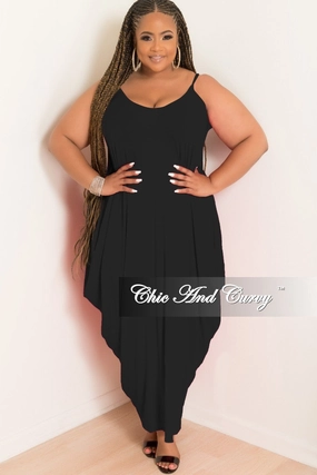 Soft Fabric Side Pockets Final Sale Plus Size Spaghetti Strap Harem Dress in Black
