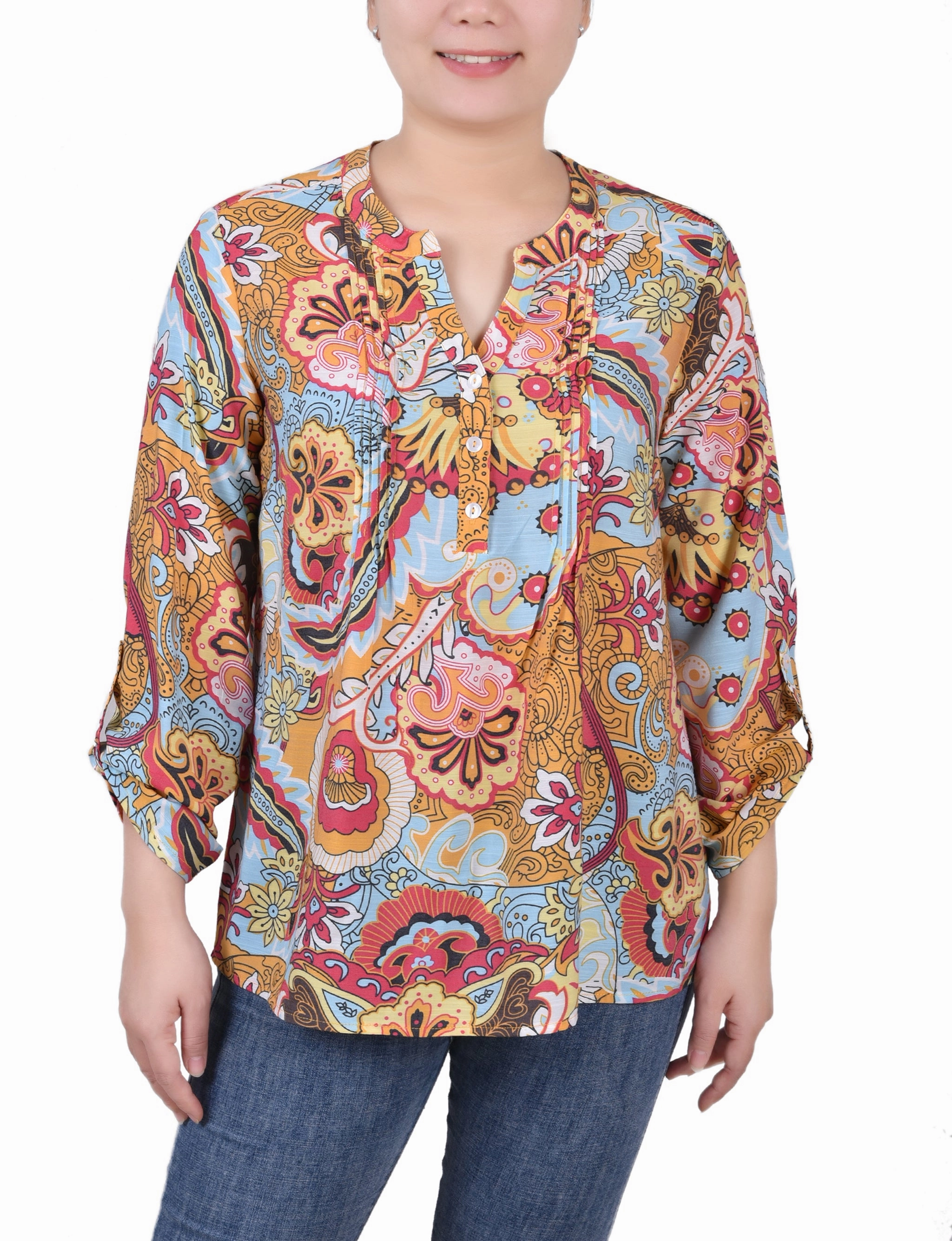 AntiOdor SoftTouchBrushedInterior Long Roll Tab Sleeve Pintuck Front Blouse