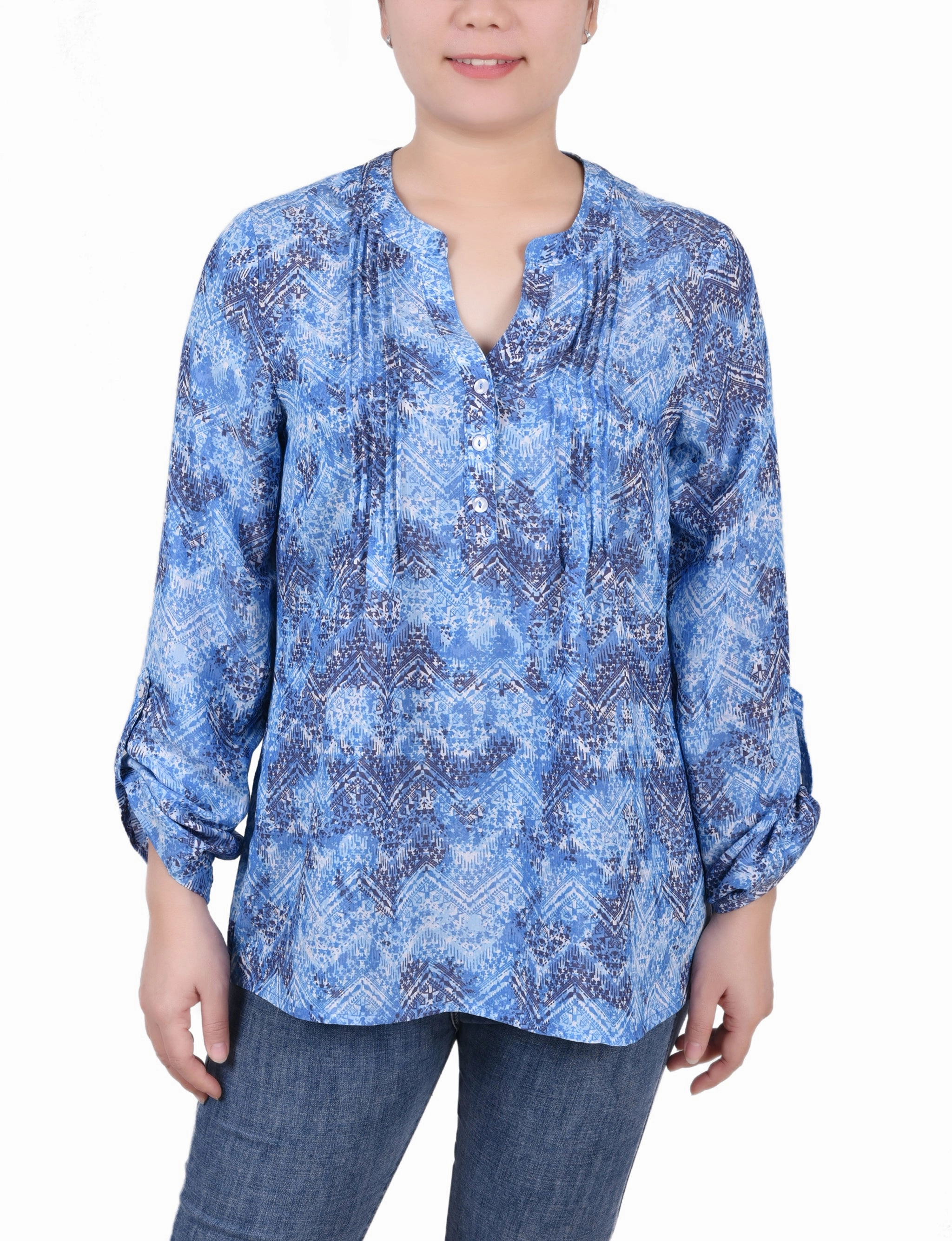 Long Roll Tab Sleeve Pintuck Front Blouse DroppedShoulder