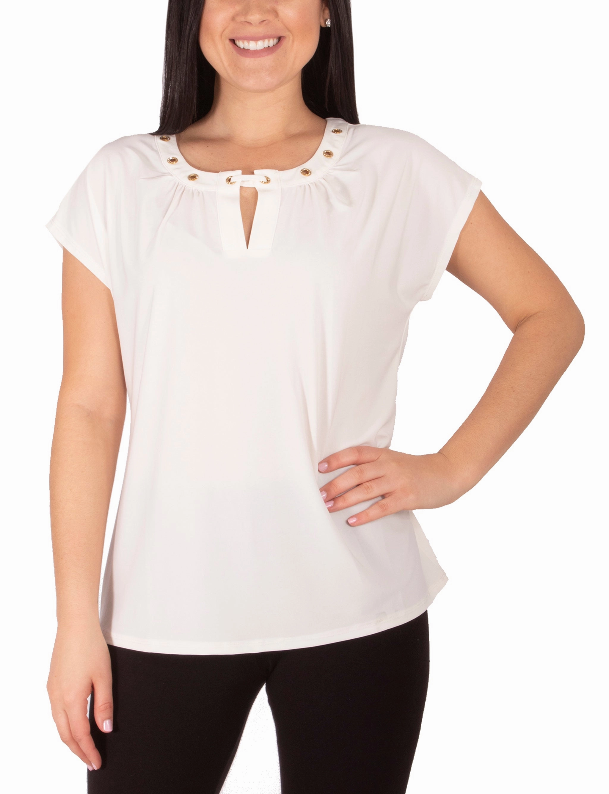 Plus Size Cap Sleeve Top With Grommet Details And Keyhole AllDay Comfort Design