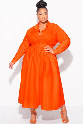 Final Sale Plus Size Long Sleeve Collar Button Up Dress in Orange Thermal Regulating Fabric Soft Finish