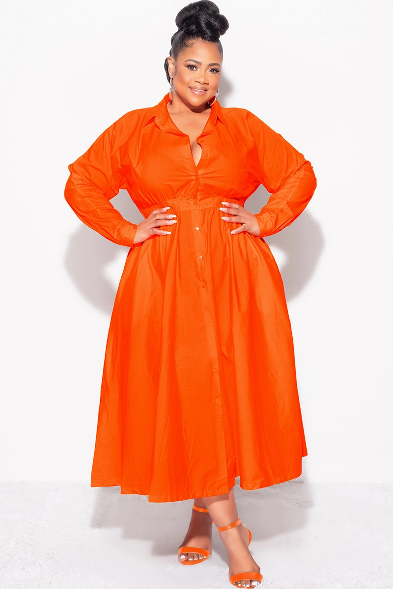 Light Coverage Final Sale Plus Size Long Sleeve Collar Button Up Dress in Orange