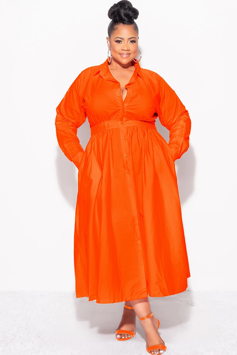 Sport Performance Design Easy Fit Design Final Sale Plus Size Long Sleeve Collar Button Up Dress in Orange
