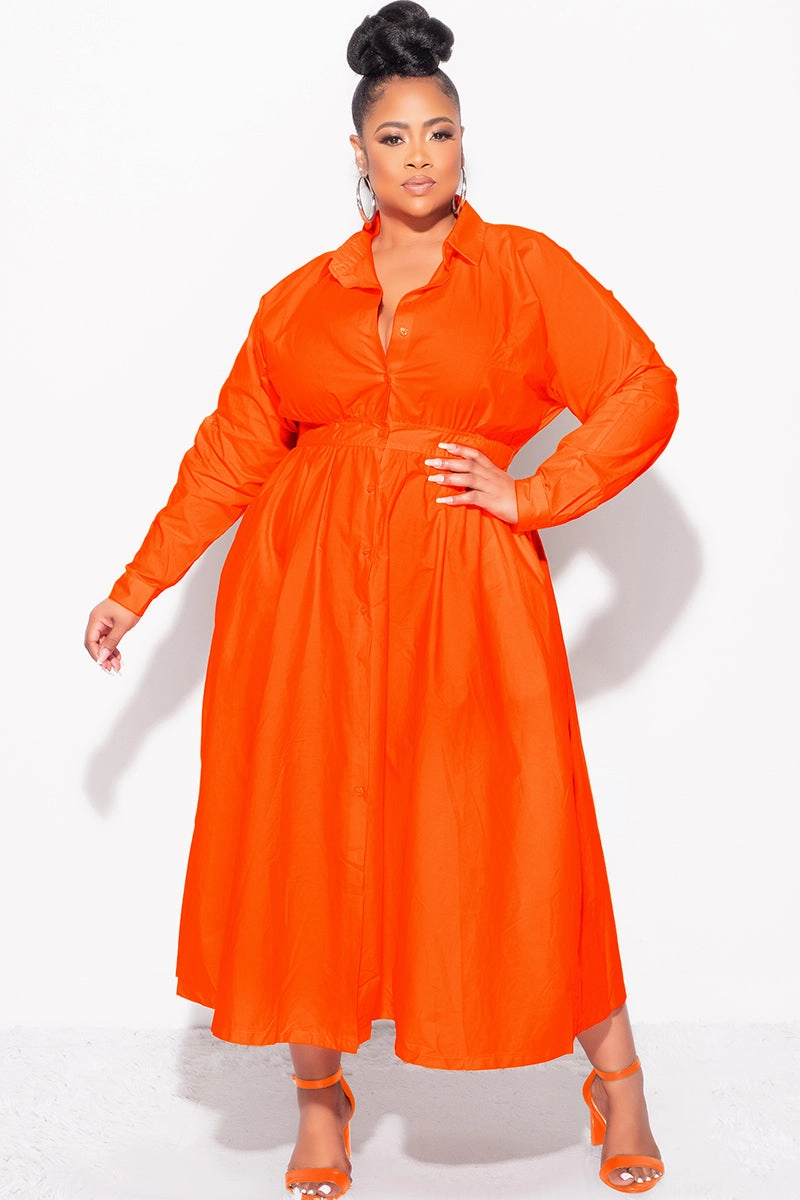 Final Sale Plus Size Long Sleeve Collar Button Up Dress in Orange Thermal Regulating Fabric Soft Finish