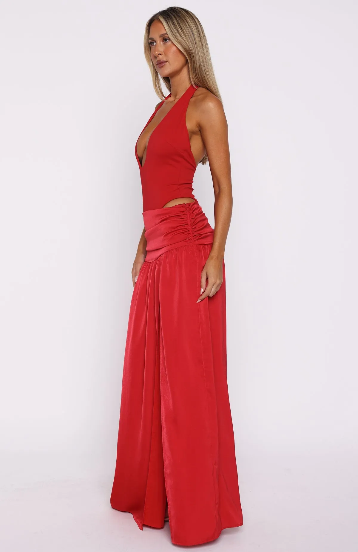 Know Your Power Halter Maxi Dress Deep Red Anti Static Fabric