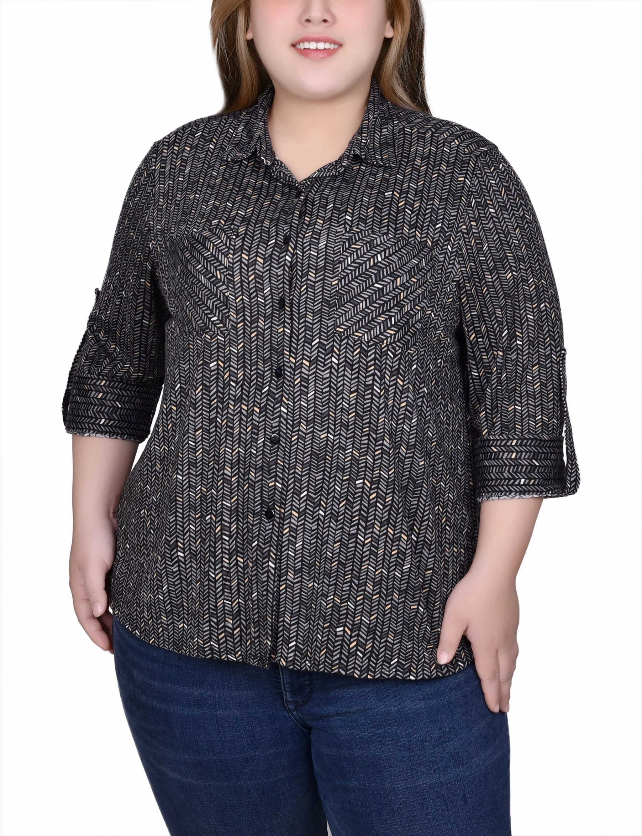 Ribbed collar Flatlock Seam Plus Size Long Sleeve Button Front Tunic Top