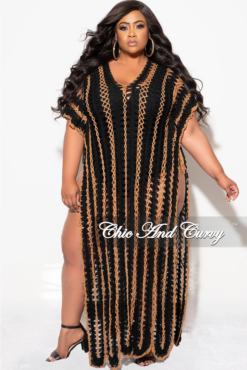 Final Sale Plus Size Crochet Cover Up in Black & Tan Side Pockets Airy Feel