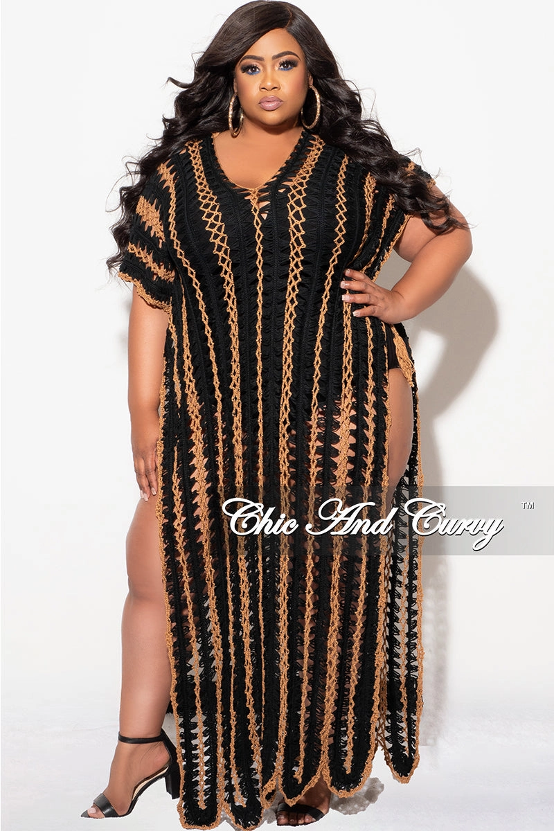 Final Sale Plus Size Crochet Cover Up in Black & Tan Wide fit