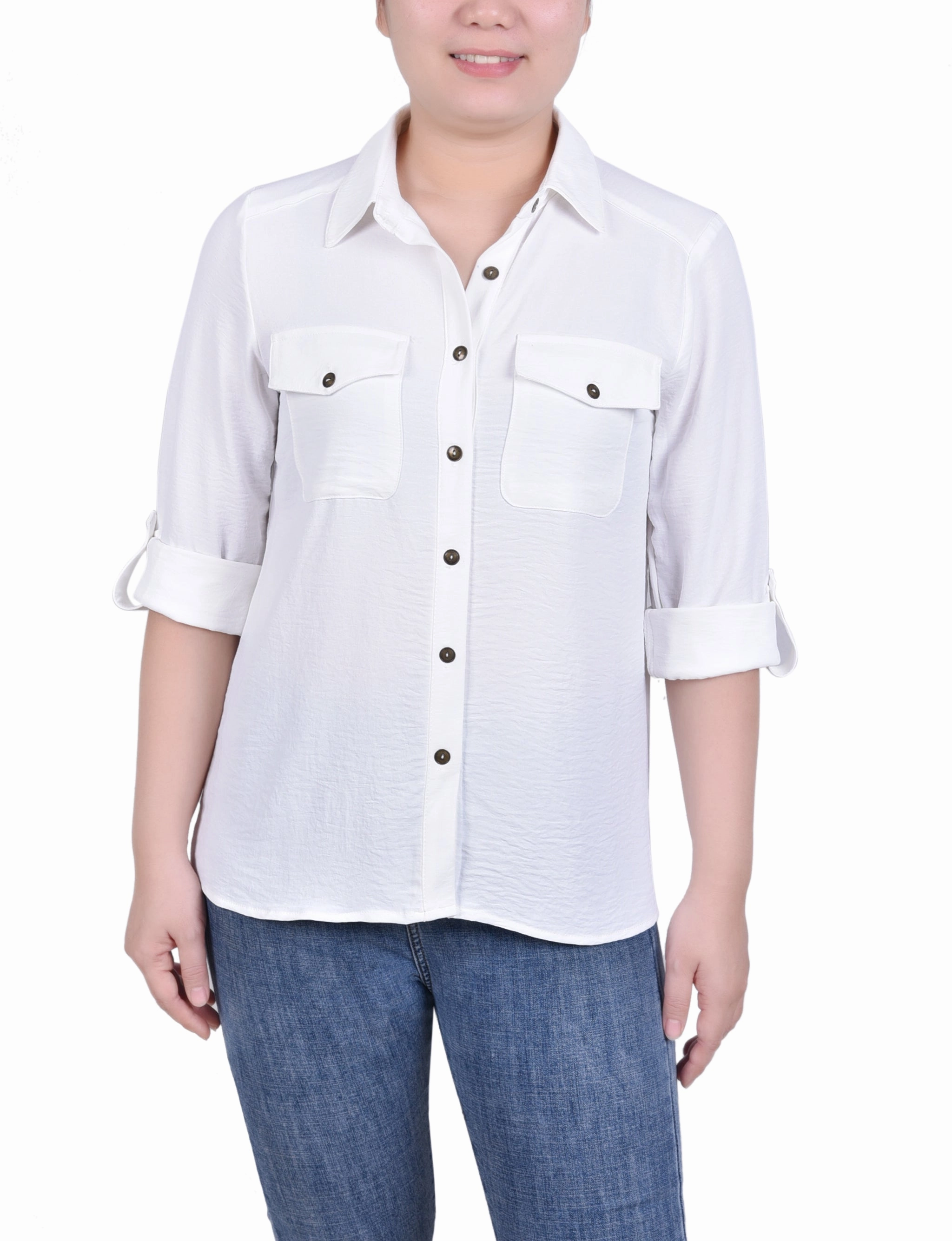 HeavyweightThermal CrossGrain Fabric Long Sleeve Roll Tab Blouse