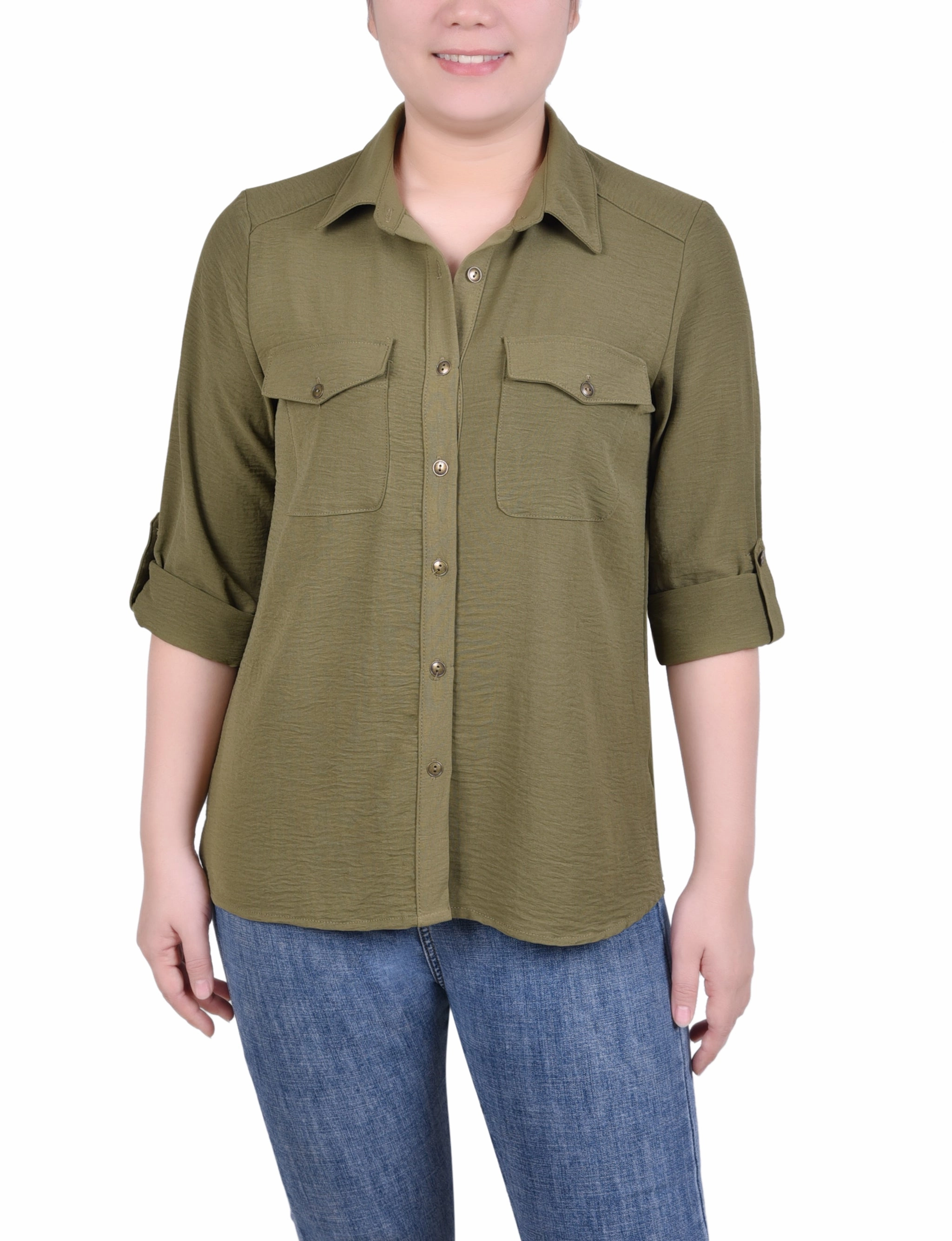 Long Sleeve Roll Tab Blouse WrinkleFree Finish MultiFunctionalDesign