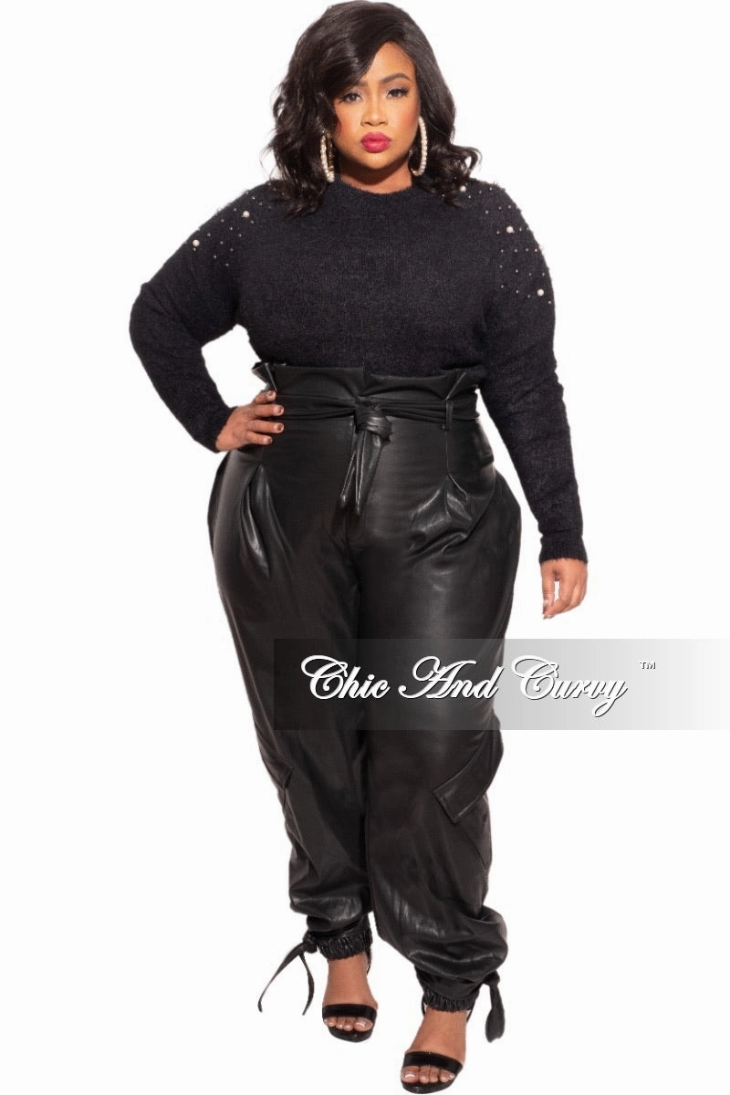 Final Sale Plus Size Black Sweater with Pearl Detailed Sleeves Non Iron Technology Everyday Must-have