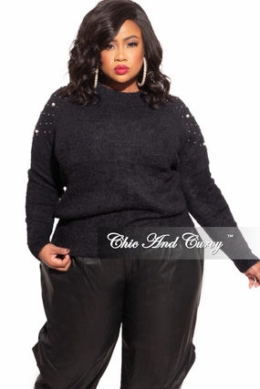 Final Sale Plus Size Black Sweater with Pearl Detailed Sleeves Stylish Wear Sophisticated Look