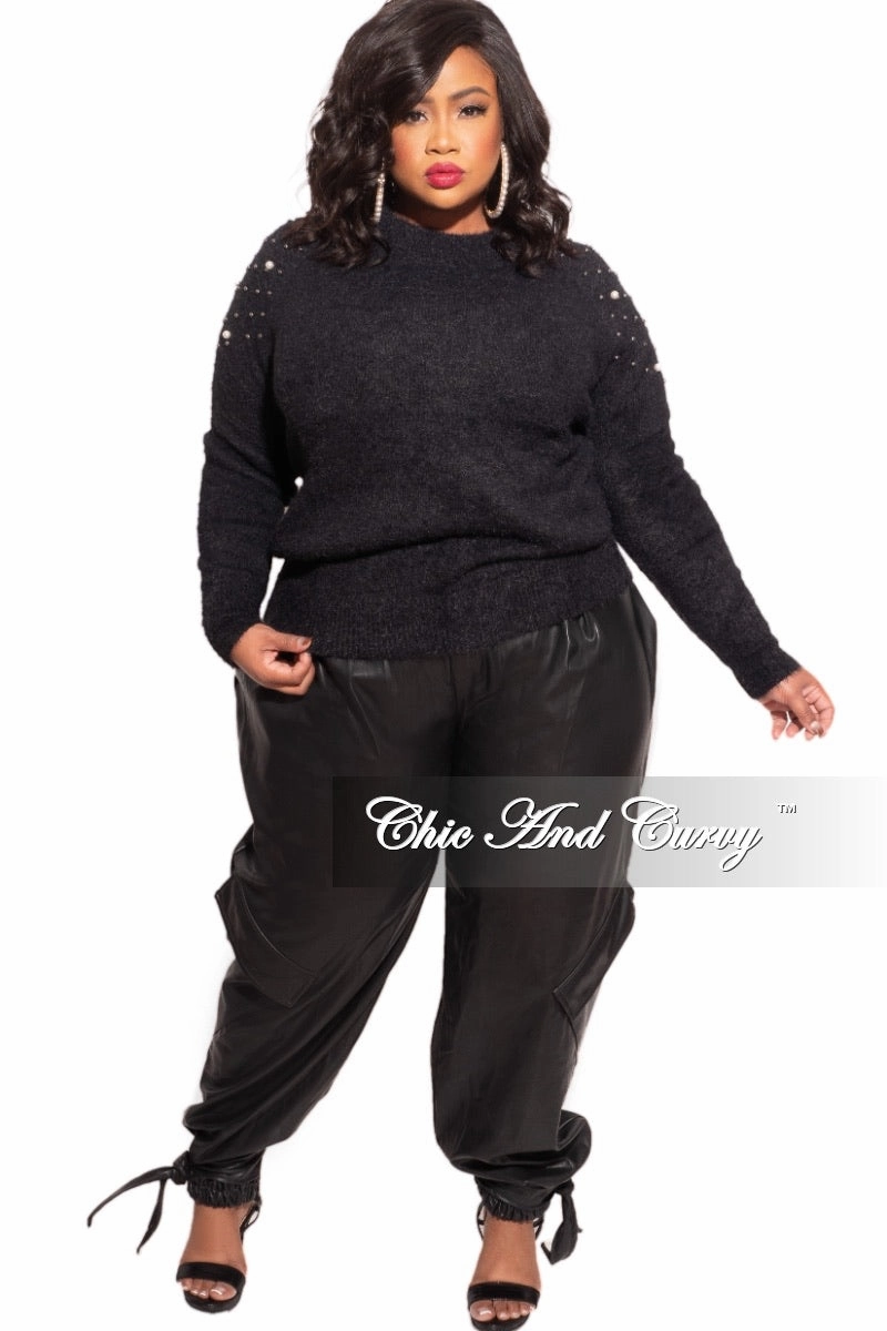Final Sale Plus Size Black Sweater with Pearl Detailed Sleeves Casual Performance Wear
