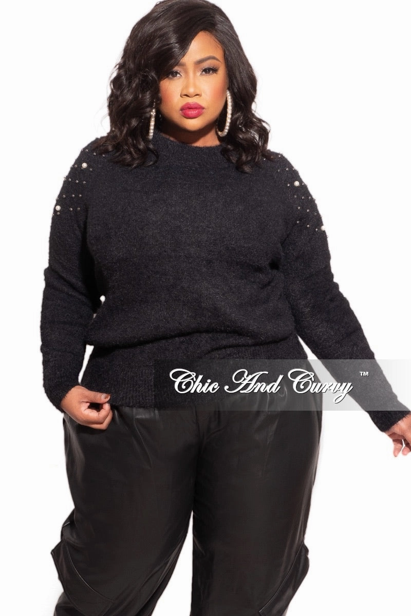 Final Sale Plus Size Black Sweater with Pearl Detailed Sleeves Stylish Wear Sophisticated Look