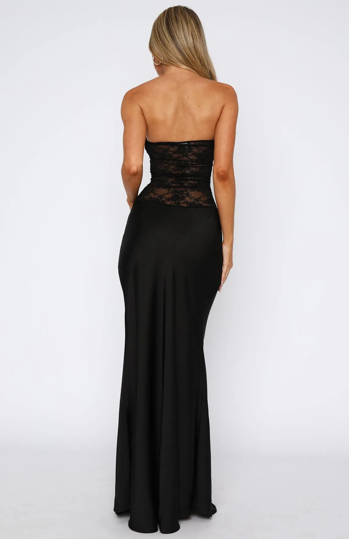 Non Restrictive Armhole Cut Double Stitched Hem Fall In Love With You Strapless Maxi Dress Black