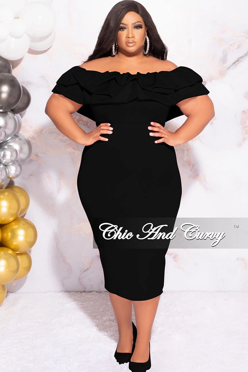Stretch Fit Wear Contrast Trim Available Online Only - Final Sale Plus Size Off the Shoulder Ruffle BodyCon Dress in Black