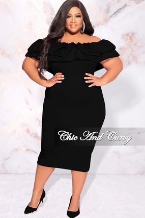 Available Online Only - Final Sale Plus Size Off the Shoulder Ruffle BodyCon Dress in Black Tough Wear