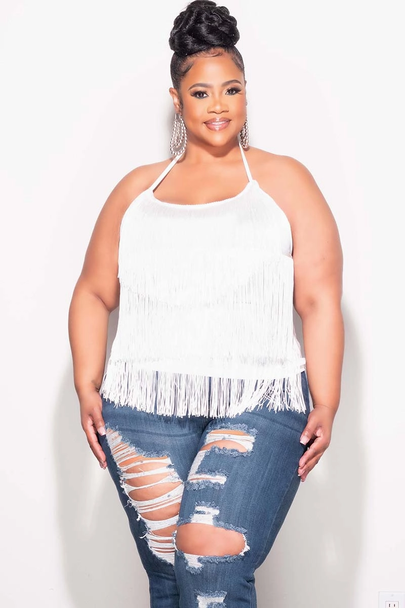 Move Friendly Final Sale Plus Size Halter Fringe Top in White