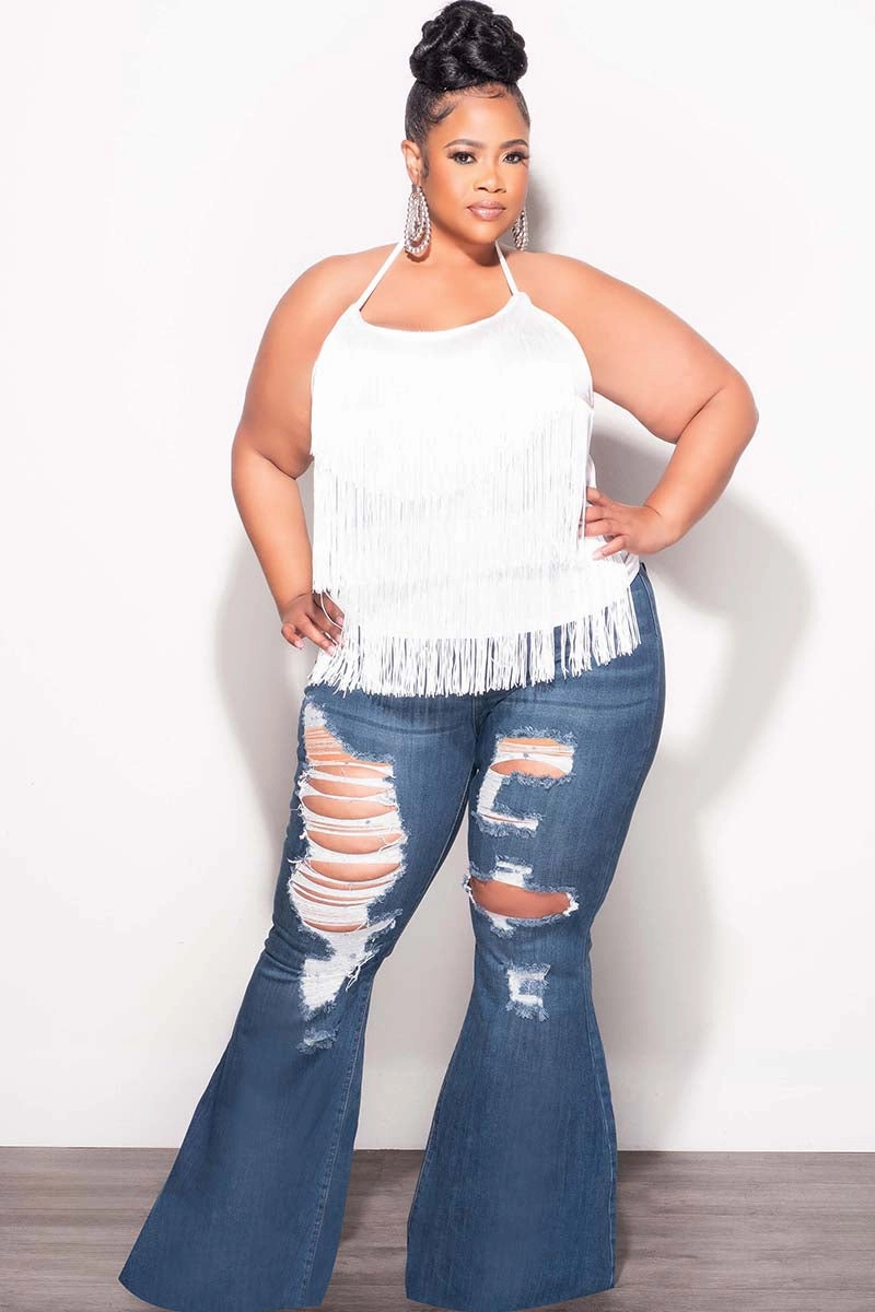 Final Sale Plus Size Halter Fringe Top in White Quick Dry Technology