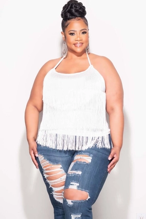 Move Friendly Final Sale Plus Size Halter Fringe Top in White