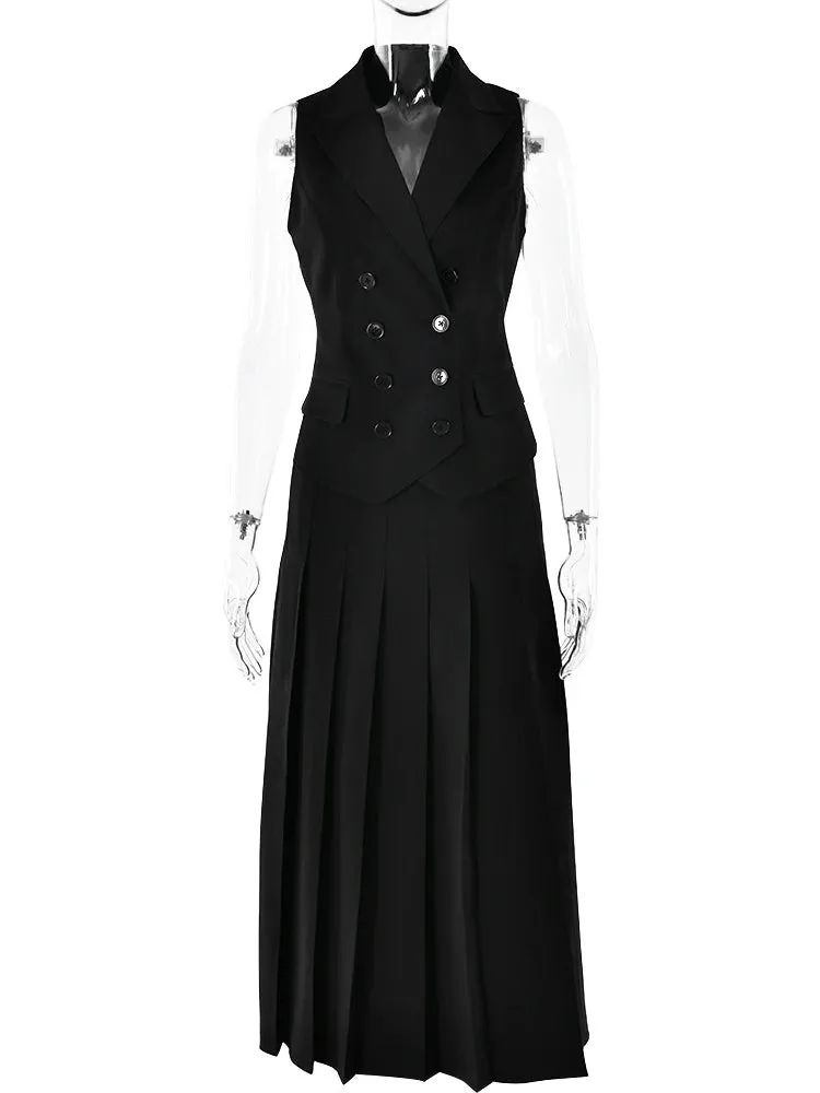 Notched Collar Pleated Skirt Suit Two Piece Sets