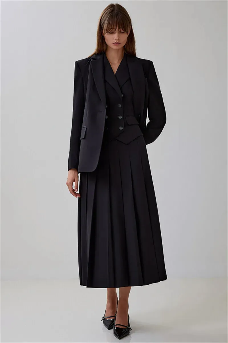 Notched Collar Pleated Skirt Suit Two Piece Sets