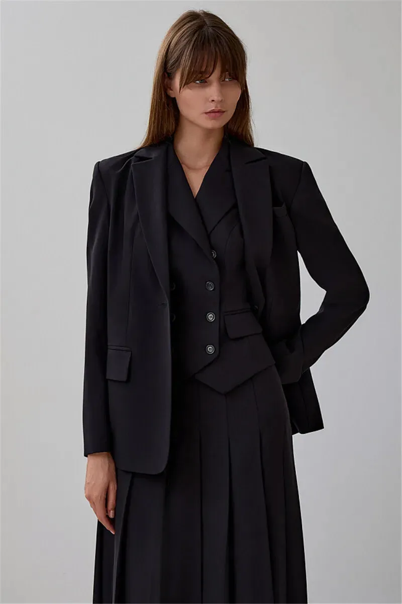 Notched Collar Pleated Skirt Suit Two Piece Sets