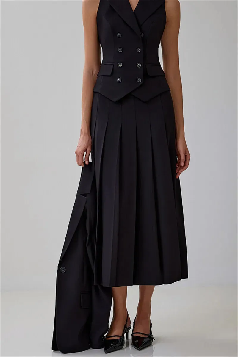 Notched Collar Pleated Skirt Suit Two Piece Sets